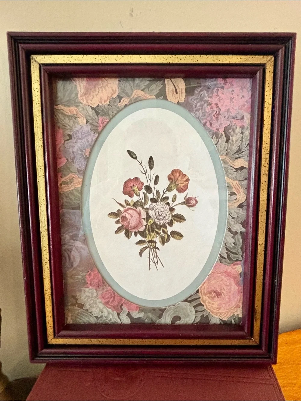 Vintage Home Interiors Set of 2 Victorian-Style Floral Pictures with Burgundy an
